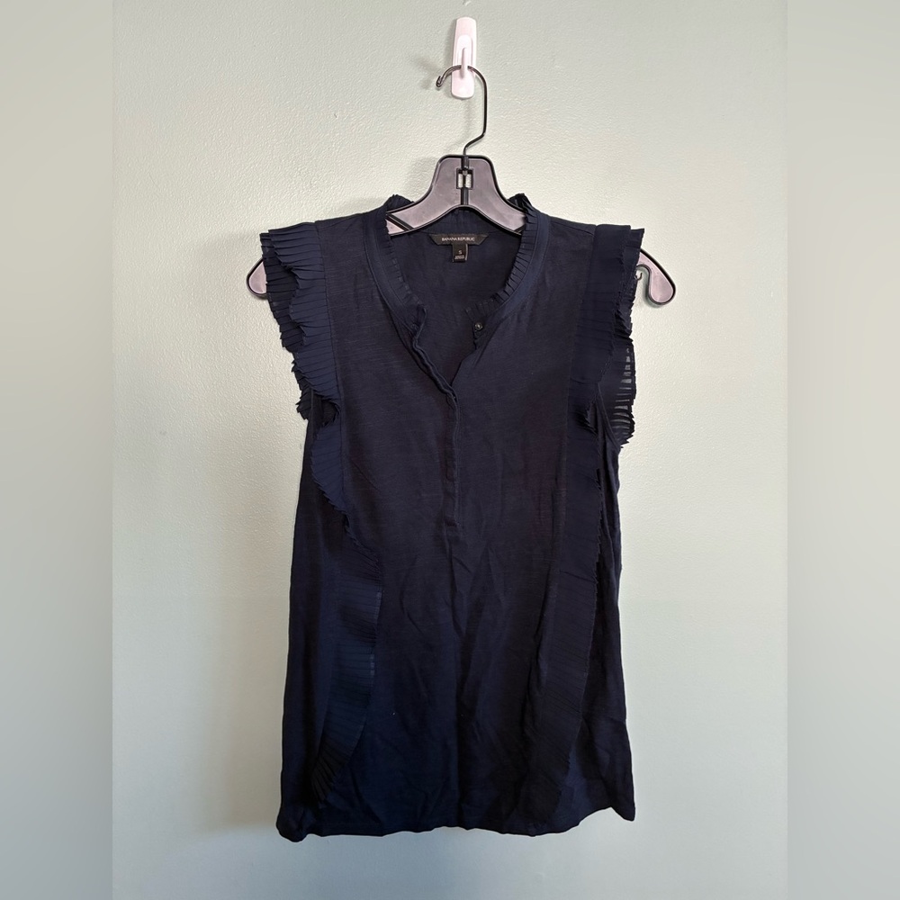 Banana Republic Navy Ruffle Sleeveless Cotton Blend Blouse Sz S